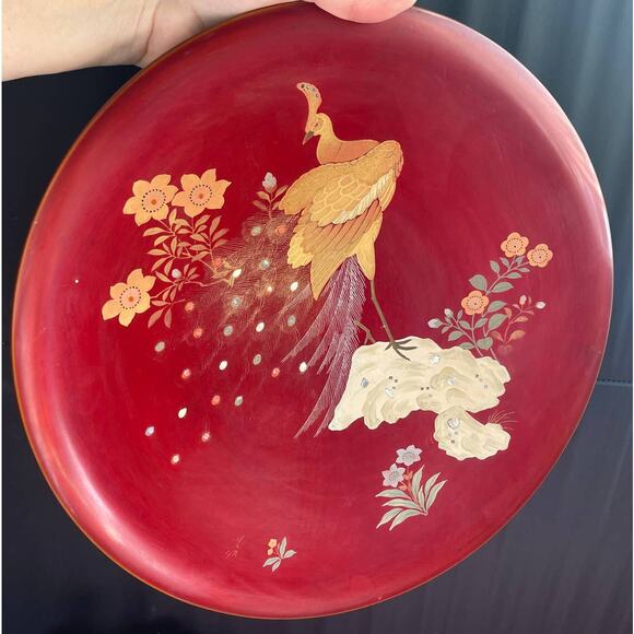 Japenese Maruni Co Lacquerware Metal Inlaid MOP Peacock Wall Charger Circa 1940s - Picture 10 of 13